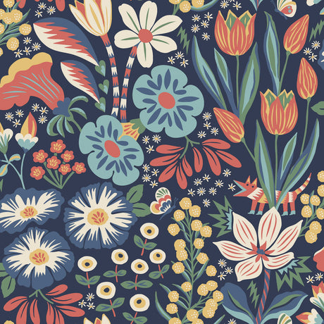 Boråstapeter Trädgården wallpaper in Midnight Multi, a whimsical floral and fauna pattern on a dark background.