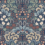 Blomstervall wallpaper by Boråstapeter for Schumacher, featuring a stylized Swedish meadow floral pattern in midnight multi colors.