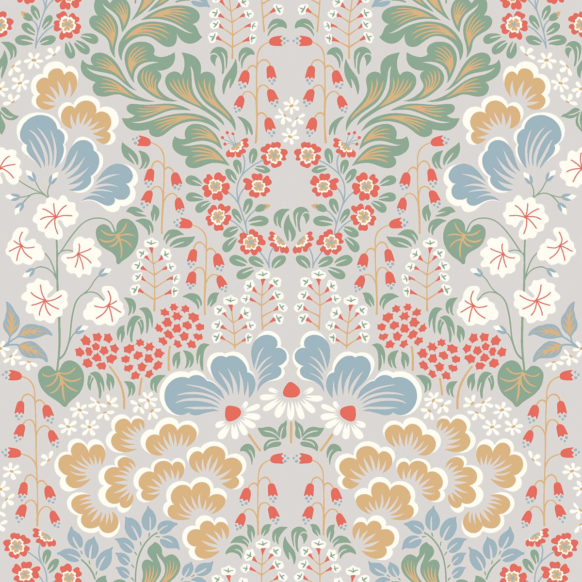 Blomstervall wallpaper by Boråstapeter for Schumacher, a stylized Swedish meadow floral pattern in multi-color.