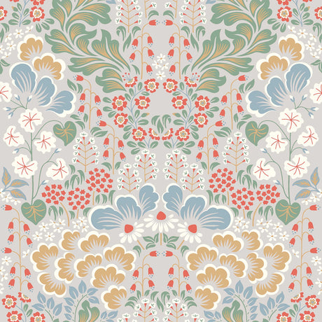 Blomstervall wallpaper by Boråstapeter for Schumacher, a stylized Swedish meadow floral pattern in multi-color.