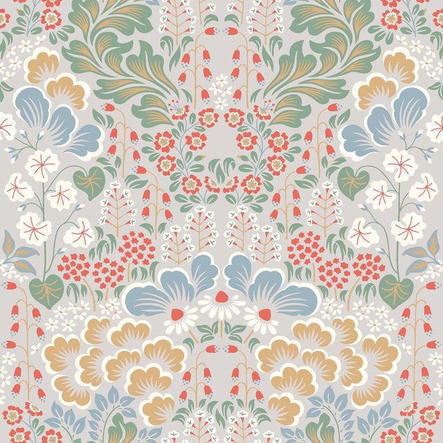 Blomstervall wallpaper by Boråstapeter for Schumacher, a stylized Swedish meadow floral pattern in multi-color.