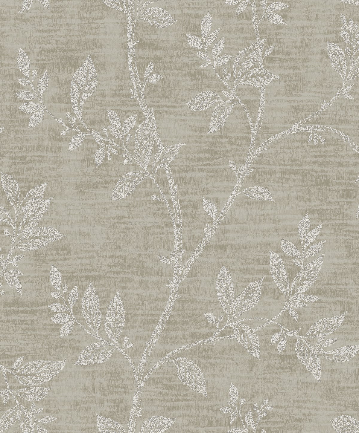 Leaf Trail botanical wallpaper in metallic taupe with trailing leaf design