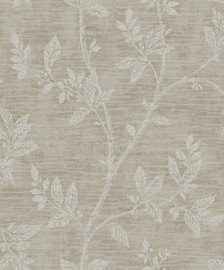 Leaf Trail botanical wallpaper in metallic taupe with trailing leaf design