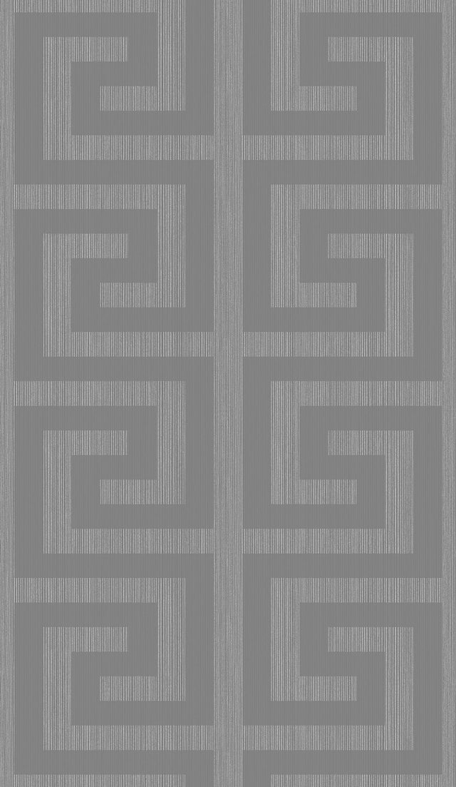 Greek key geometric wallpaper in metallic silver and earl gray
