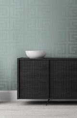 Greek Key Metallic Sea Green by Essential Textures Geometric Wallpaper – Etten Studios 2232004 -Sample