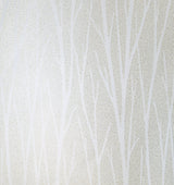 Birch Trail wallpaper in metallic pearl and glitter with white birch tree silhouettes on an off-white background.