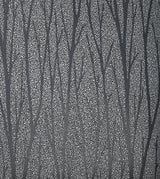 Birch Trail wallpaper in black satin with silver glitter metallic background and silhouetted birch trees