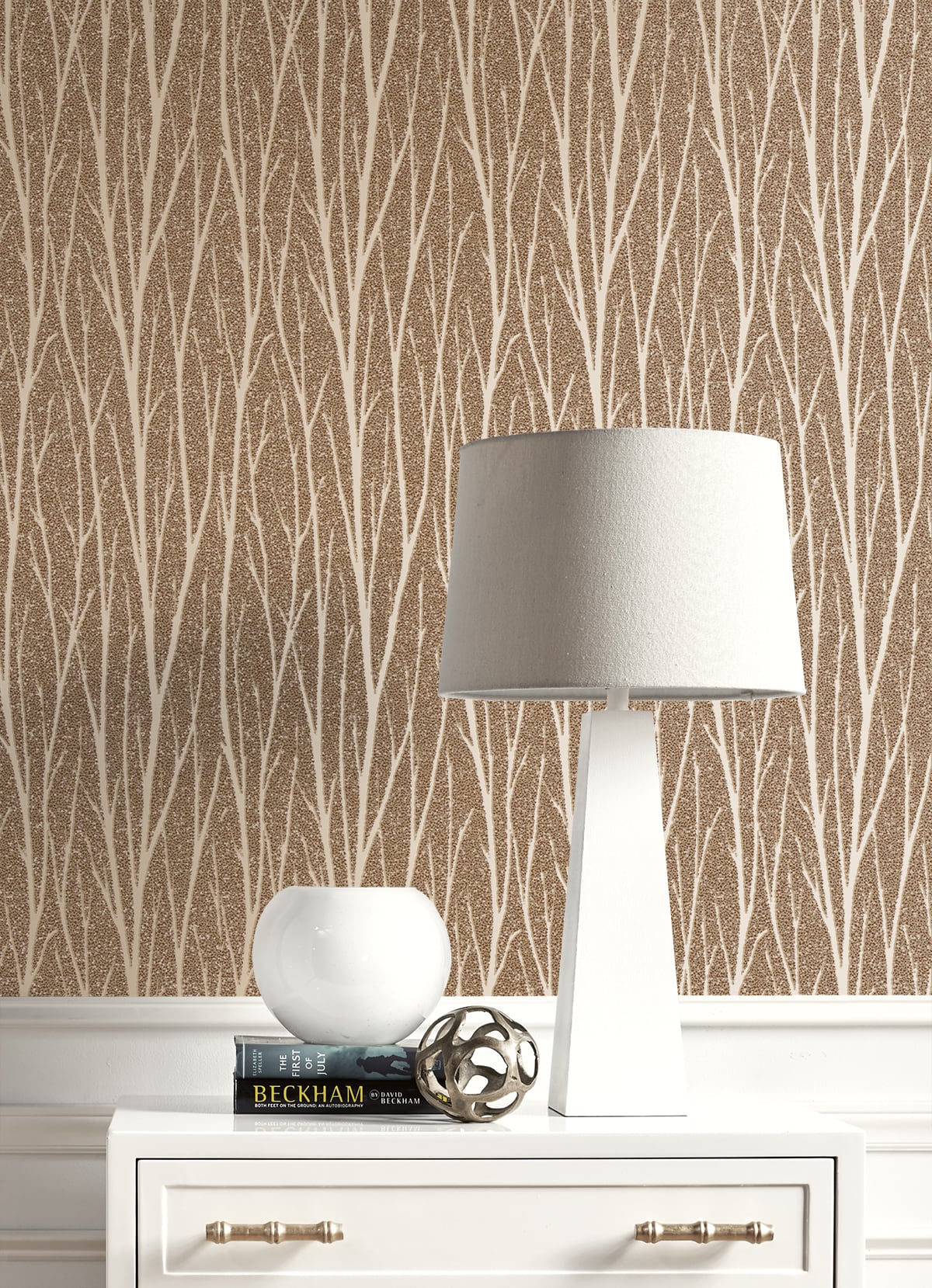 Birch Trail Metallic Champagne & Copper Glitter by Essential Textures Botanical Wallpaper – Etten Studios 2232106 -Sample