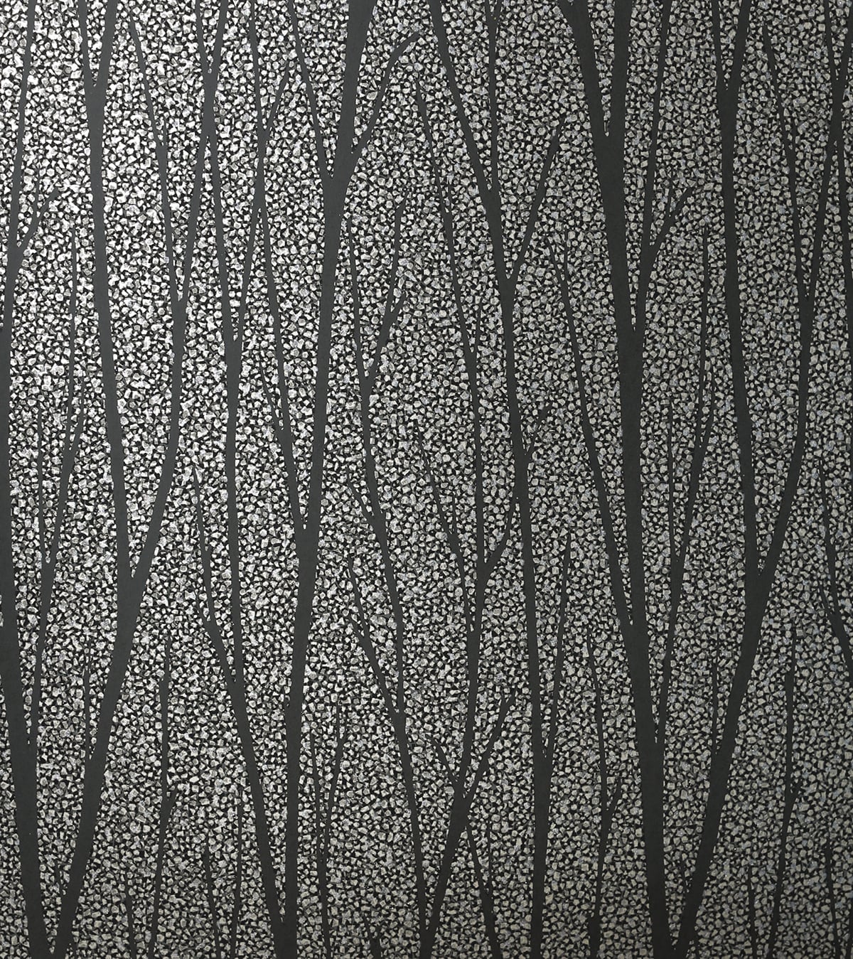 Birch Trail wallpaper in gunmetal and charcoal with metallic textured ground and slender birch tree silhouettes