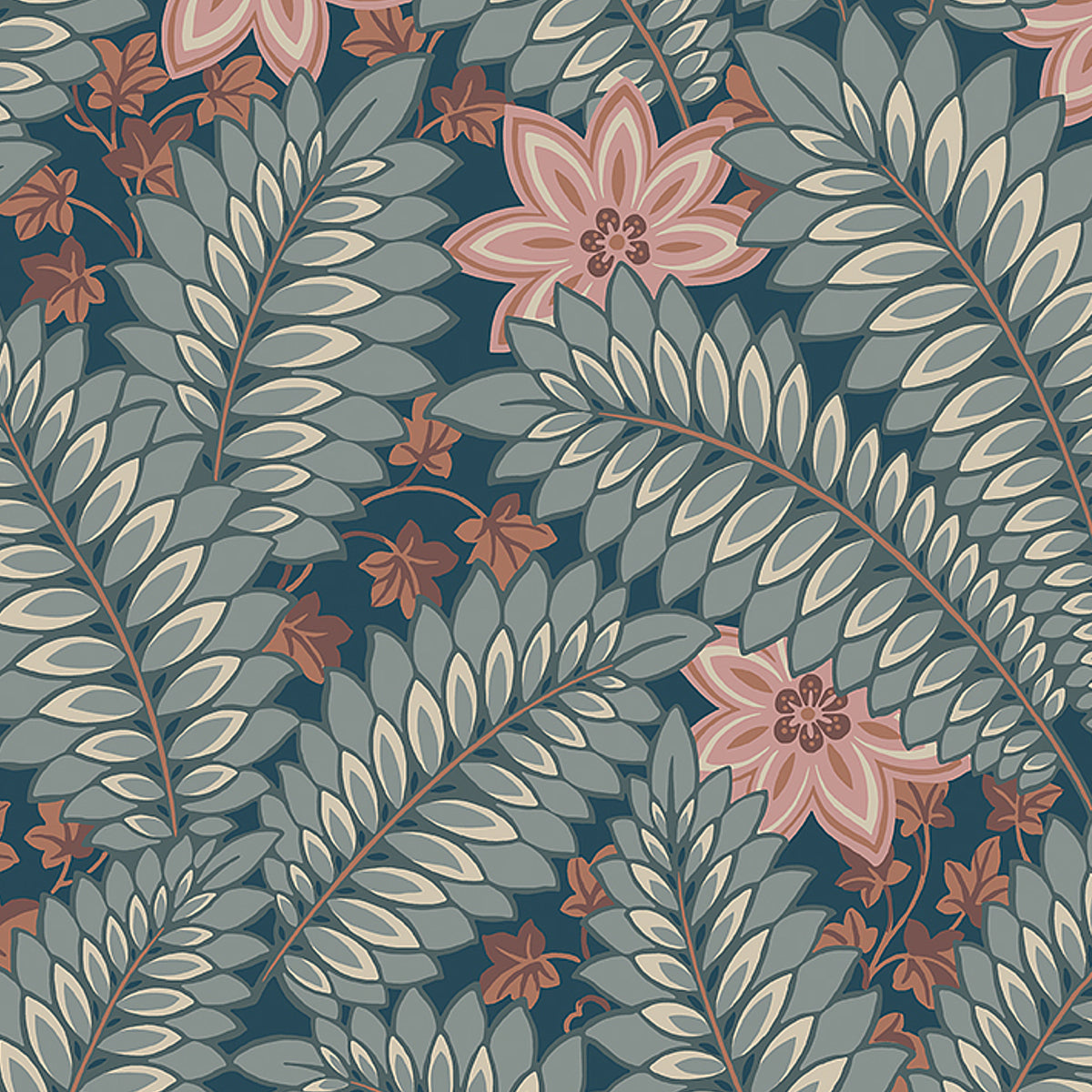 Art Deco-inspired blue wallpaper with dense fern-like leaves, climbing ivy, and blossoming dahlias by Boråstapeter for Schumacher.