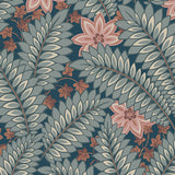 Art Deco-inspired blue wallpaper with dense fern-like leaves, climbing ivy, and blossoming dahlias by Boråstapeter for Schumacher.