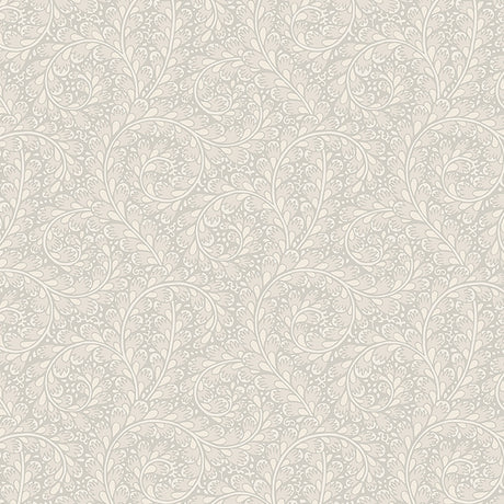 Wild Ferns wallpaper in stone colorway by Boråstapeter for Schumacher, featuring elegant scrolls of delicate fronds in a classic pattern.