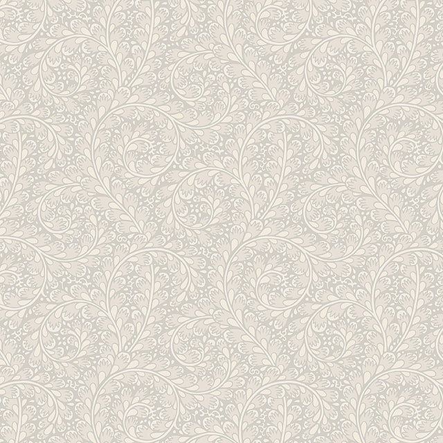 Wild Ferns wallpaper in stone colorway by Boråstapeter for Schumacher, featuring elegant scrolls of delicate fronds in a classic pattern.