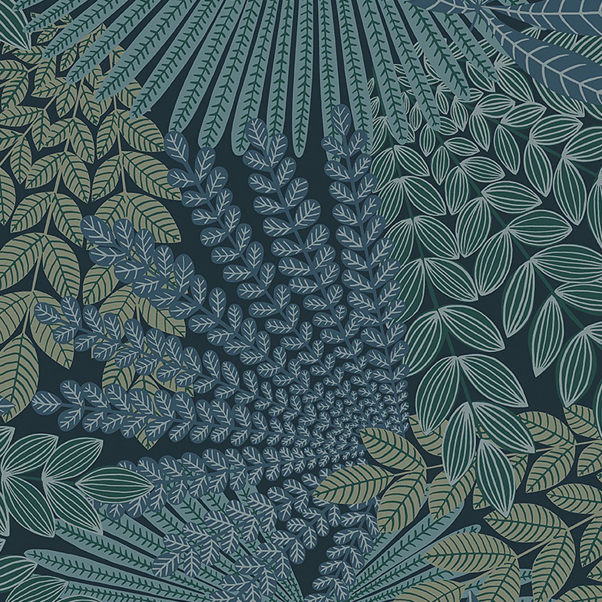 Velvet Leaves wallpaper in spruce and blue by Boråstapeter for Schumacher, featuring exotic fanlike leaf patterns.