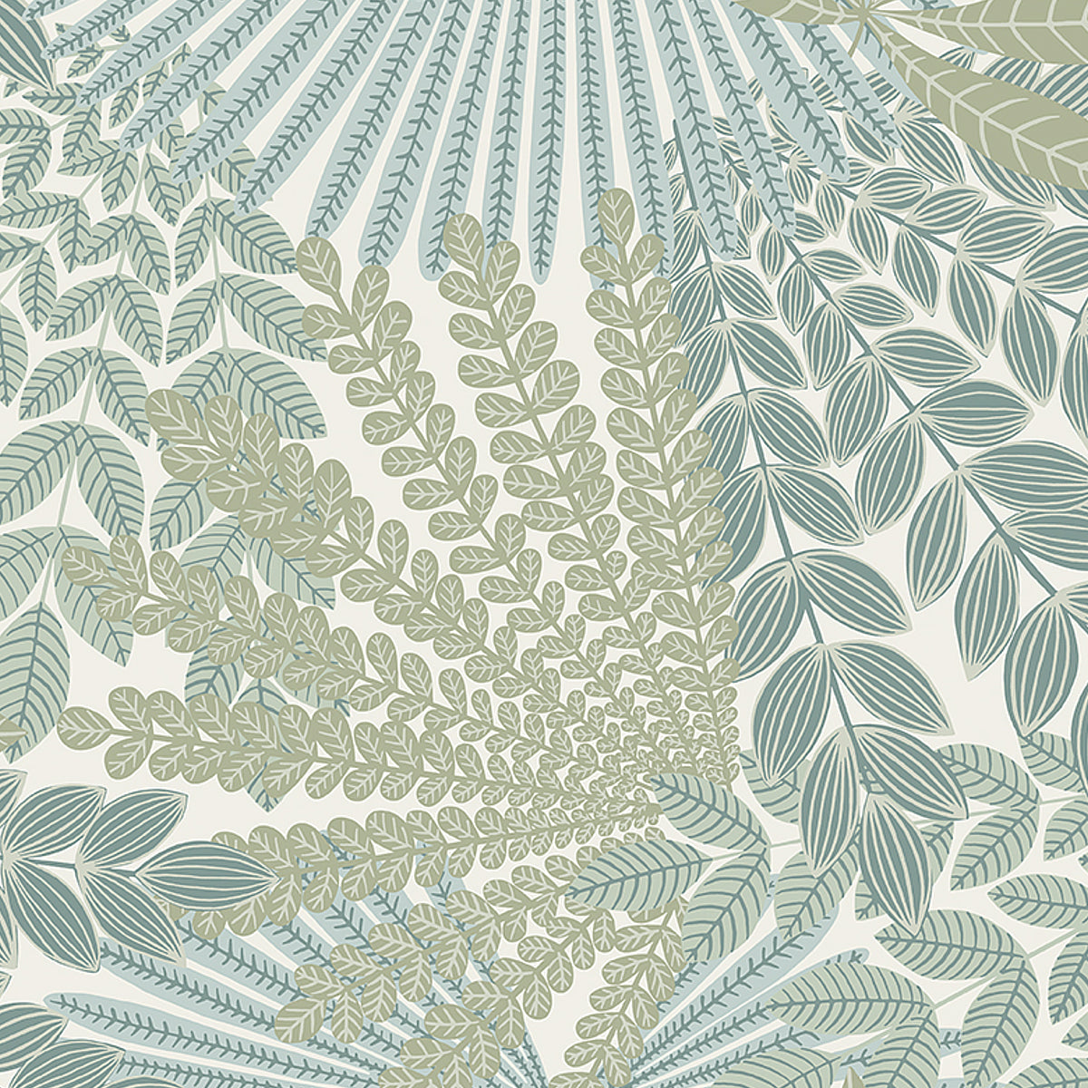 Velvet Leaves wallpaper in ivory and sage by Boråstapeter for Schumacher, featuring exotic fanlike leaf patterns.