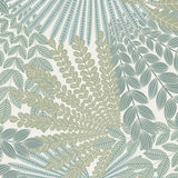 Velvet Leaves wallpaper in ivory and sage by Boråstapeter for Schumacher, featuring exotic fanlike leaf patterns.