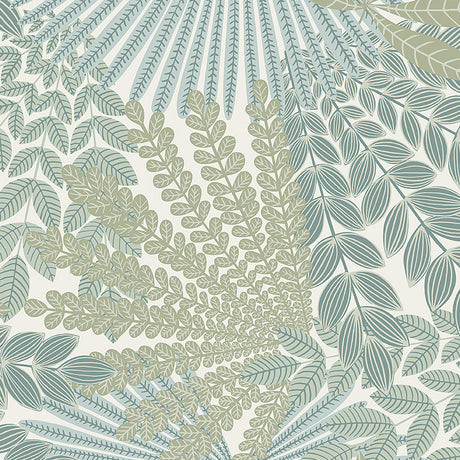 Velvet Leaves wallpaper in ivory and sage by Boråstapeter for Schumacher, featuring exotic fanlike leaf patterns.