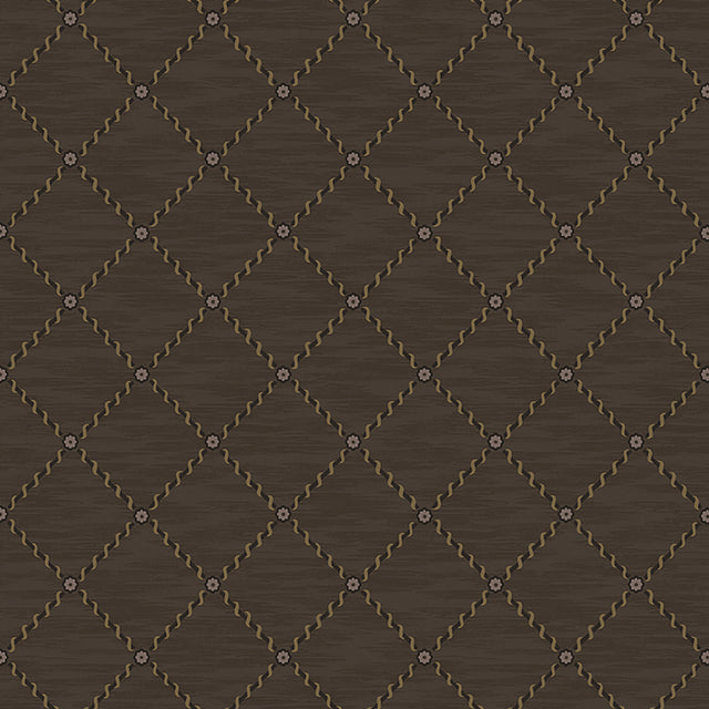 Golden Trellis wallpaper in brown and gold by Boråstapeter for Schumacher, featuring a traditional trellis pattern.