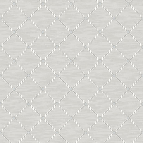 Golden Trellis grey and silver trellis pattern wallpaper by Boråstapeter for Schumacher, shown in roll and detail view.