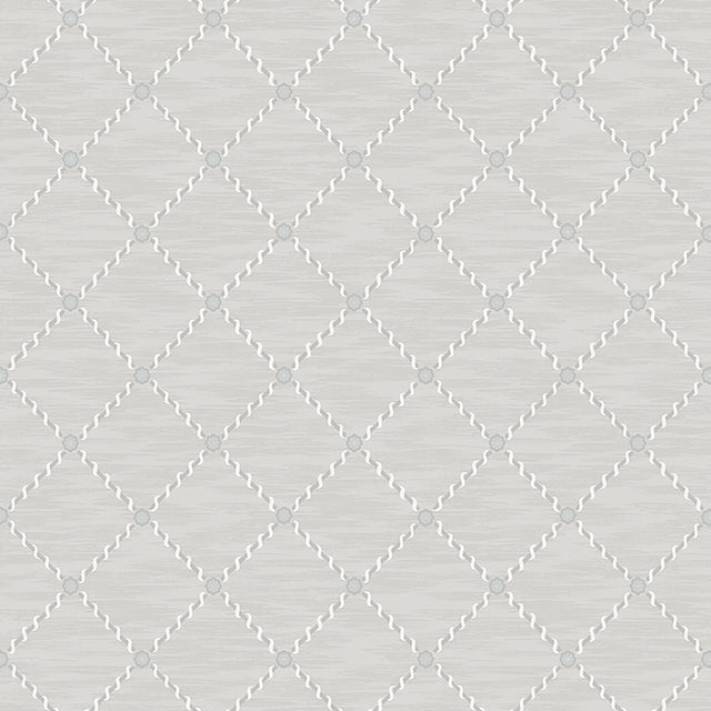 Golden Trellis grey and silver trellis pattern wallpaper by Boråstapeter for Schumacher, shown in roll and detail view.