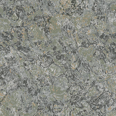 Travertine Spruce textured wallcovering by Boråstapeter for Schumacher, inspired by Italian metamorphic rock, shown in a moody green marbled pattern.