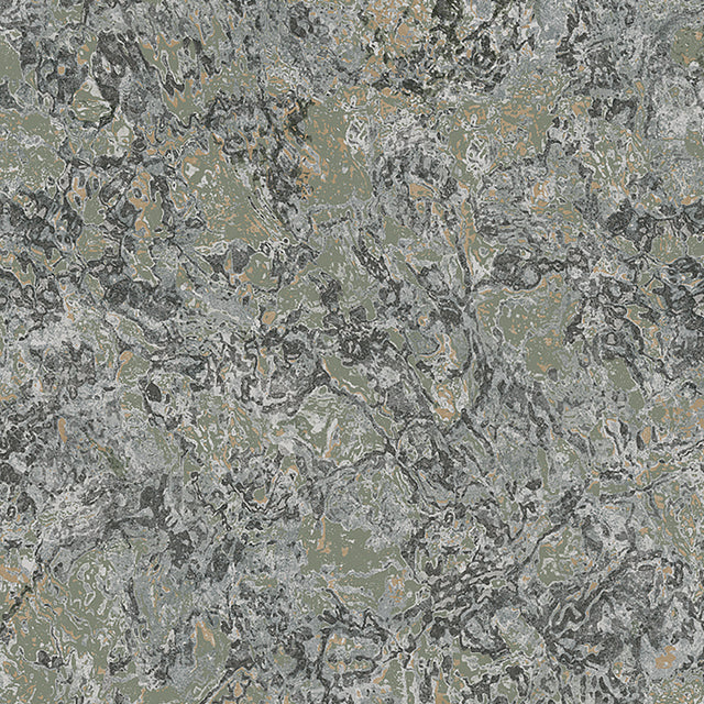 Travertine Spruce textured wallcovering by Boråstapeter for Schumacher, inspired by Italian metamorphic rock, shown in a moody green marbled pattern.