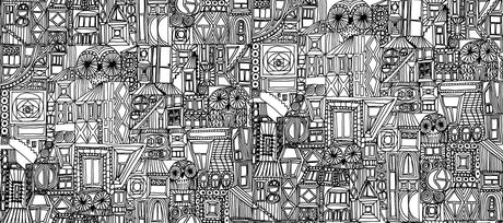 Bubi wallpaper in Ebony and Eggshell with illustrated contemporary linework pattern