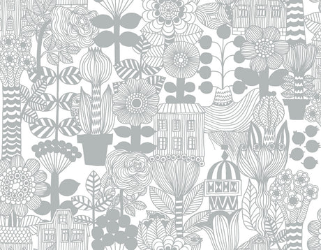 Gray and off-white Lintukoto illustration wallpaper pattern by Marimekko