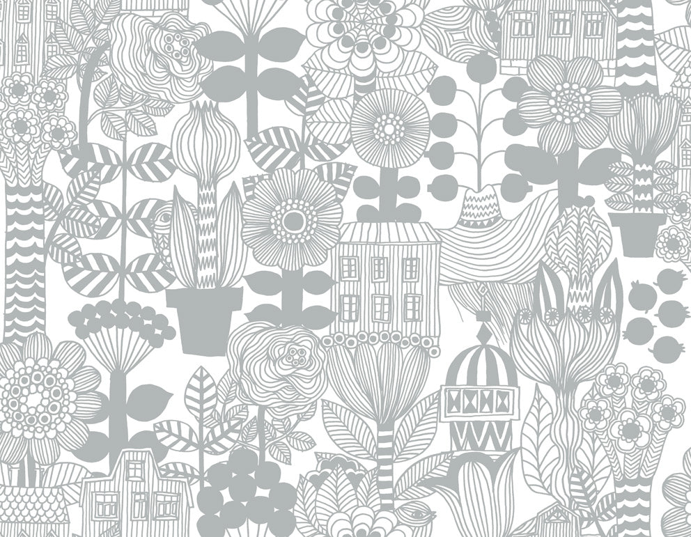 Lintukoto Gray and Off-White by Marimekko Vol. 5 Contemporary Illustration Wallpaper – Marimekko 23305X-Sample
