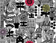 Marimekko Lintukoto wallpaper in ebony and off-white with illustrated florals and village motifs