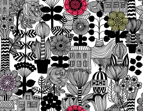 Marimekko Lintukoto wallpaper in ebony and off-white with illustrated florals and village motifs
