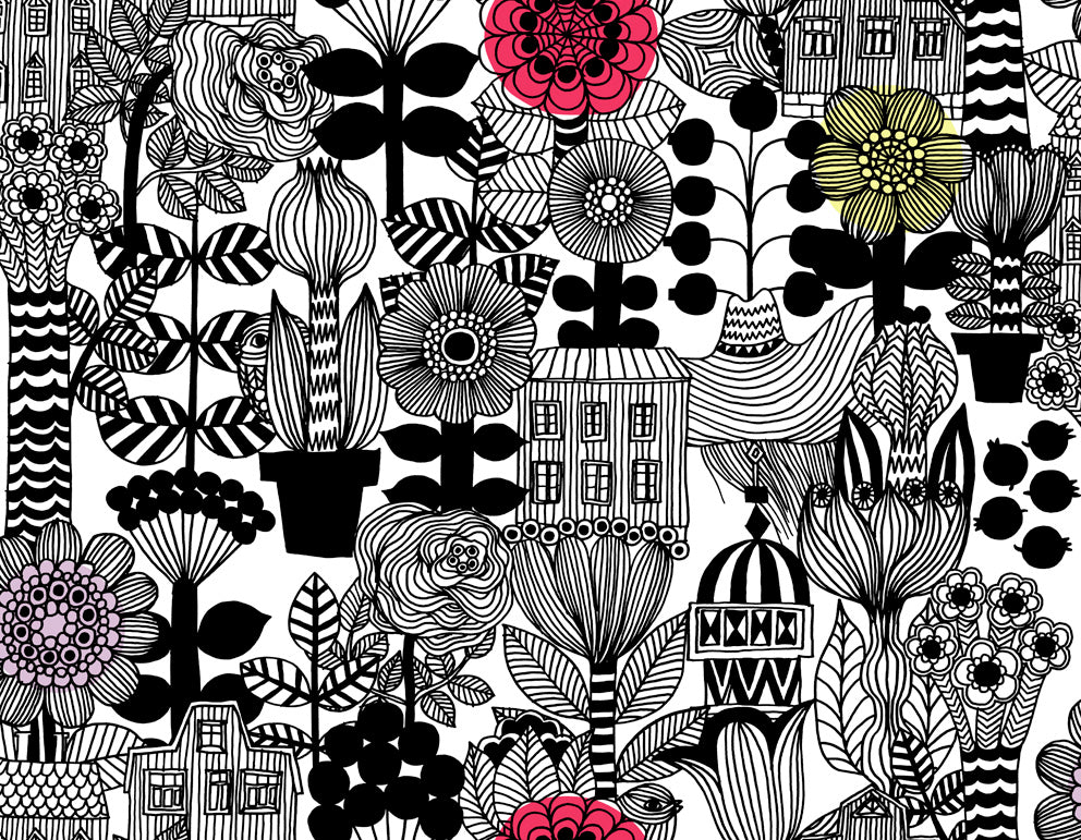 Lintukoto Ebony and Off-White by Marimekko Illustrated Botanical Wallpaper – Marimekko 23306X-Sample