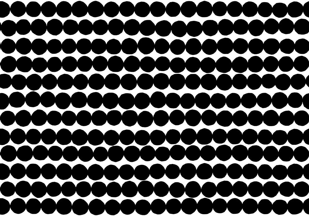 Marimekko Räsymatto wallpaper in ebony and off-white with bold dotted rows.