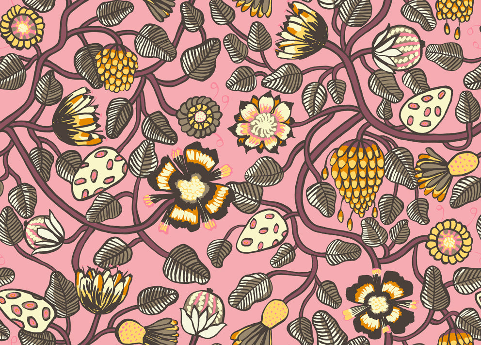 Marimekko Pieni Tiara wallpaper in salmon pink with plum vines and stylized floral motifs