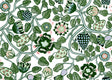 Marimekko Pieni Tiara wallpaper in emerald, jade, and light blue floral vine illustration.