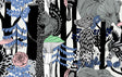 Marimekko Pikkuveljekset wallpaper in Ebony and Sapphire (illustrated forest scene).