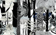 Marimekko Pikkuveljekset wallpaper in ebony and steel gray with illustrated woodland animals and florals