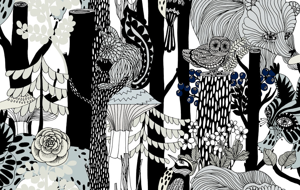 Marimekko Pikkuveljekset wallpaper in ebony and steel gray with illustrated woodland animals and florals