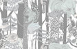 Pikkuveljekset wallpaper in mint and charcoal featuring a detailed illustrated woodland scene with trees, flowers, and animals.