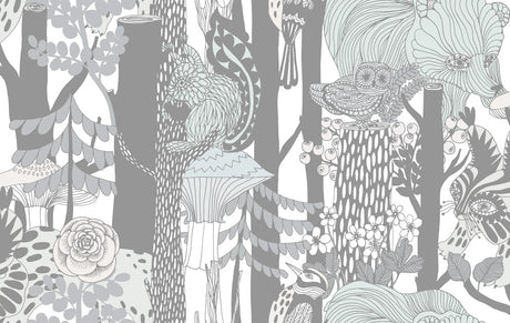Pikkuveljekset wallpaper in mint and charcoal featuring a detailed illustrated woodland scene with trees, flowers, and animals.