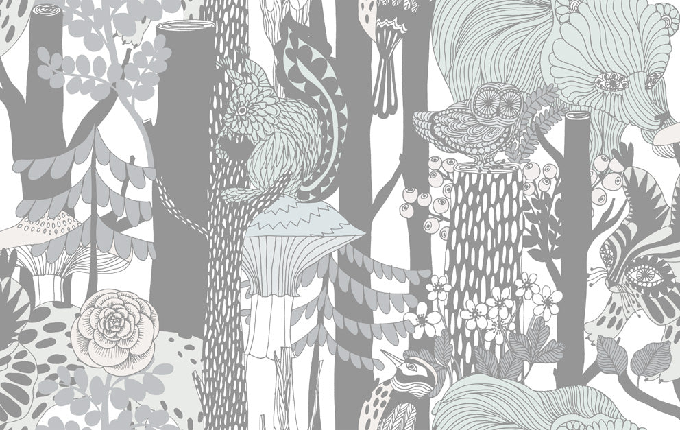 Pikkuveljekset Mint and Charcoal by Marimekko Vol. 5 Illustrated Woodland Wallpaper – Marimekko 23342X-Sample