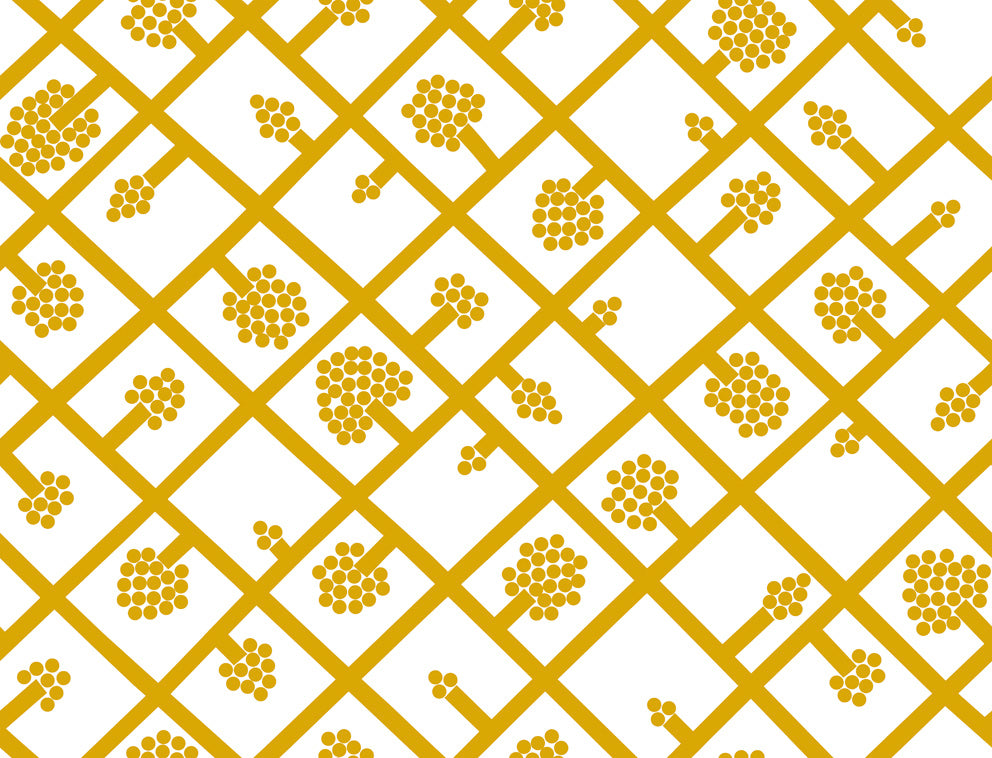 Spalje wallpaper pattern in mustard and eggshell with a geometric trellis and dot motif.
