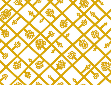Spalje wallpaper pattern in mustard and eggshell with a geometric trellis and dot motif.
