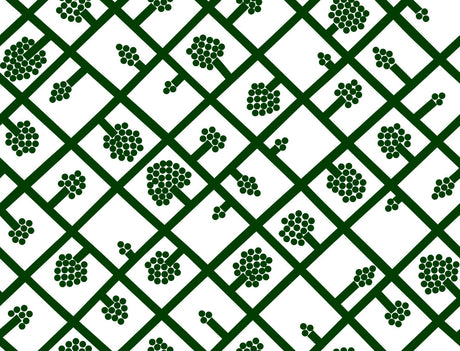 Green trellis lattice wallpaper with berry motifs on an eggshell background