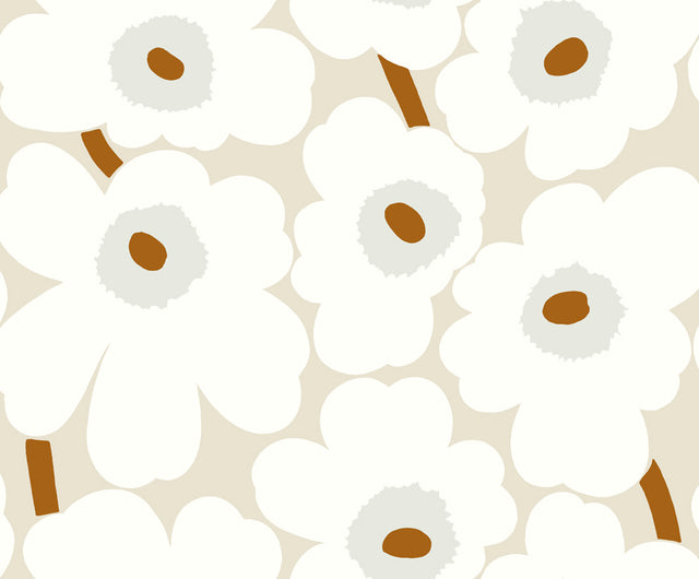 Marimekko Unikko wallpaper in gray and caramel with large stylized white floral pattern
