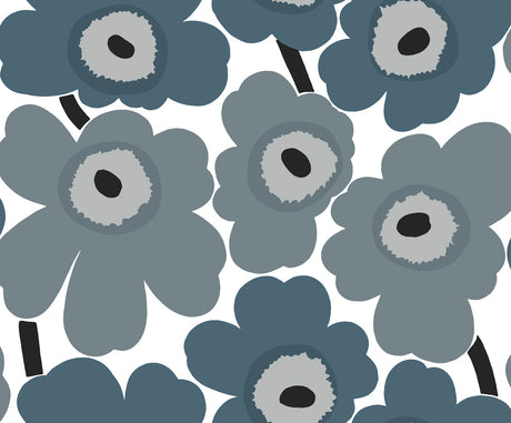 Unikko wallpaper in steel blue and gray floral pattern by Marimekko