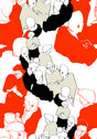 Vermillion and off-white illustrated people wallpaper in a contemporary graphic style