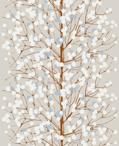 Lumimarja wallpaper pattern with taupe ground and cornflower-blue and white berry clusters on brown branches.