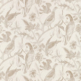 Beige hand screen printed wallpaper with a botanical and bird motif from Schumacher's Katmandu collection, styled in a classic interior setting.
