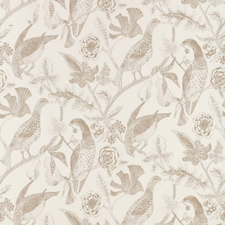 Beige hand screen printed wallpaper with a botanical and bird motif from Schumacher's Katmandu collection, styled in a classic interior setting.